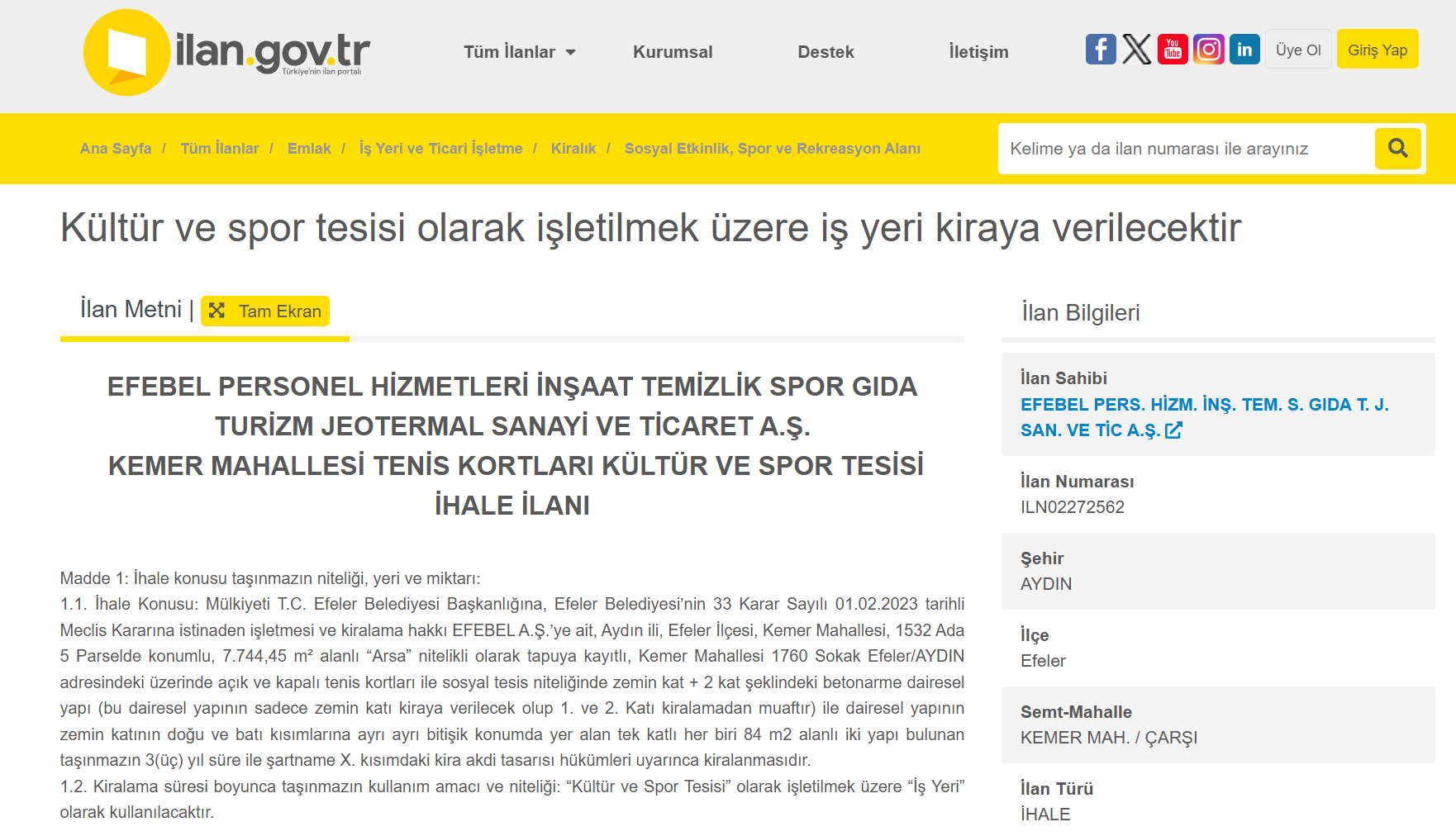 Aydınspor’un İstediği Tesis İhaleye Çıkarıldı