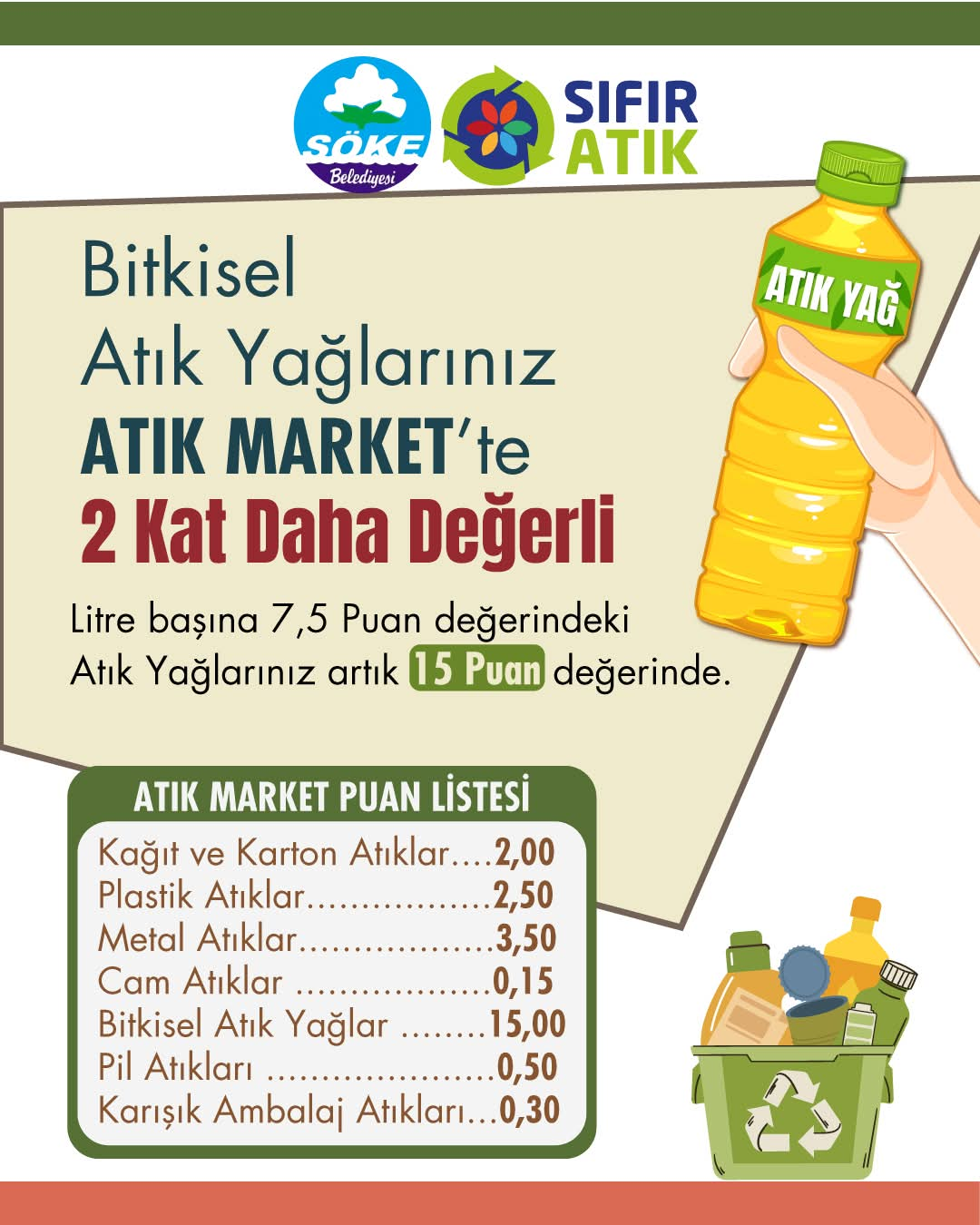 Söke Belediyesi Atık Market’e, Atık Yağ Getiren Daha Fazla Kazanacak