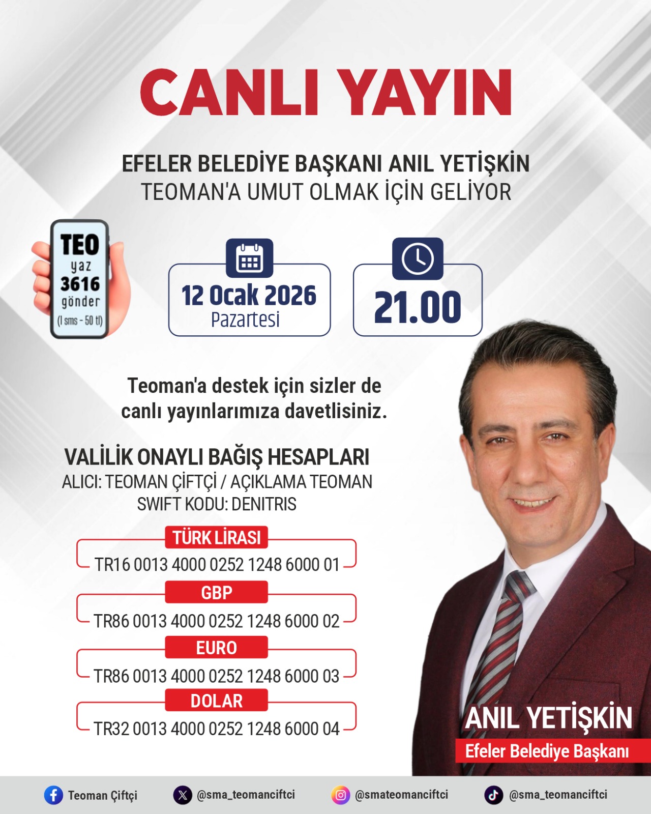 BAŞKAN YETİŞKİN’DEN MİNİK TEOMAN’A CANLI YAYIN DESTEĞİ